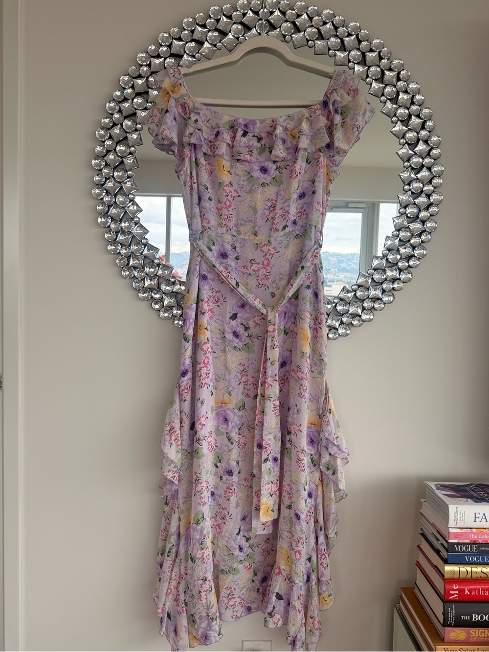 Floral Off-Shoulder Lavender Ruffle Midi Dress